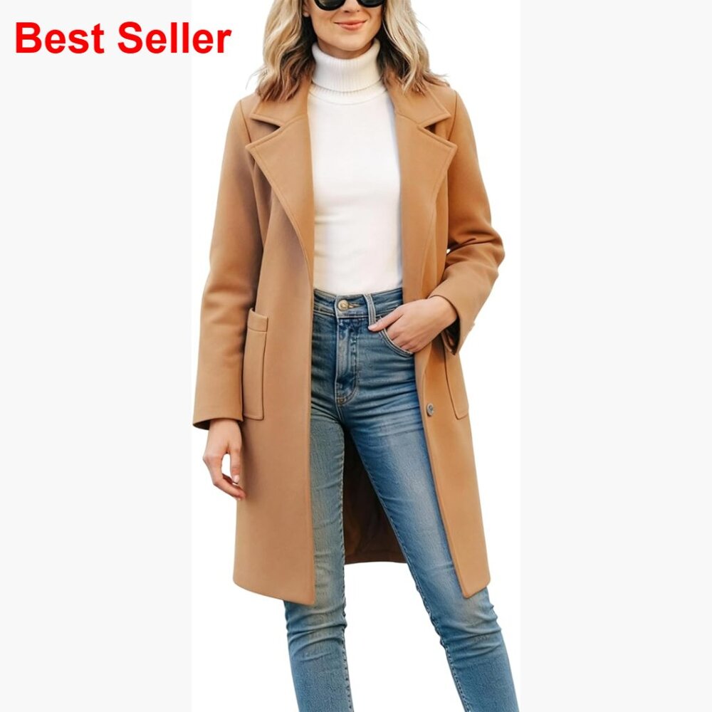 Women's Wool Blend Pea Coat Notch Lapel Long Single Breasted